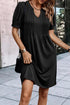 Notched Neck Pleated Puff Sleeve Shift T-shirt Dress